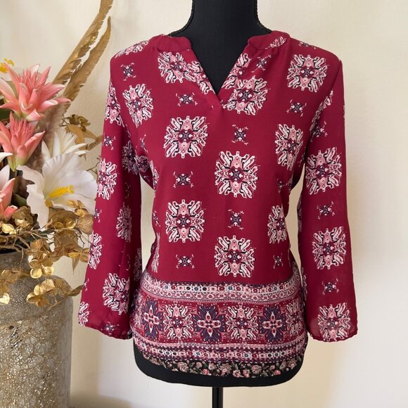 Maroon Abstract Boho Office Work Asymmetrical Top - Picture 1 of 6